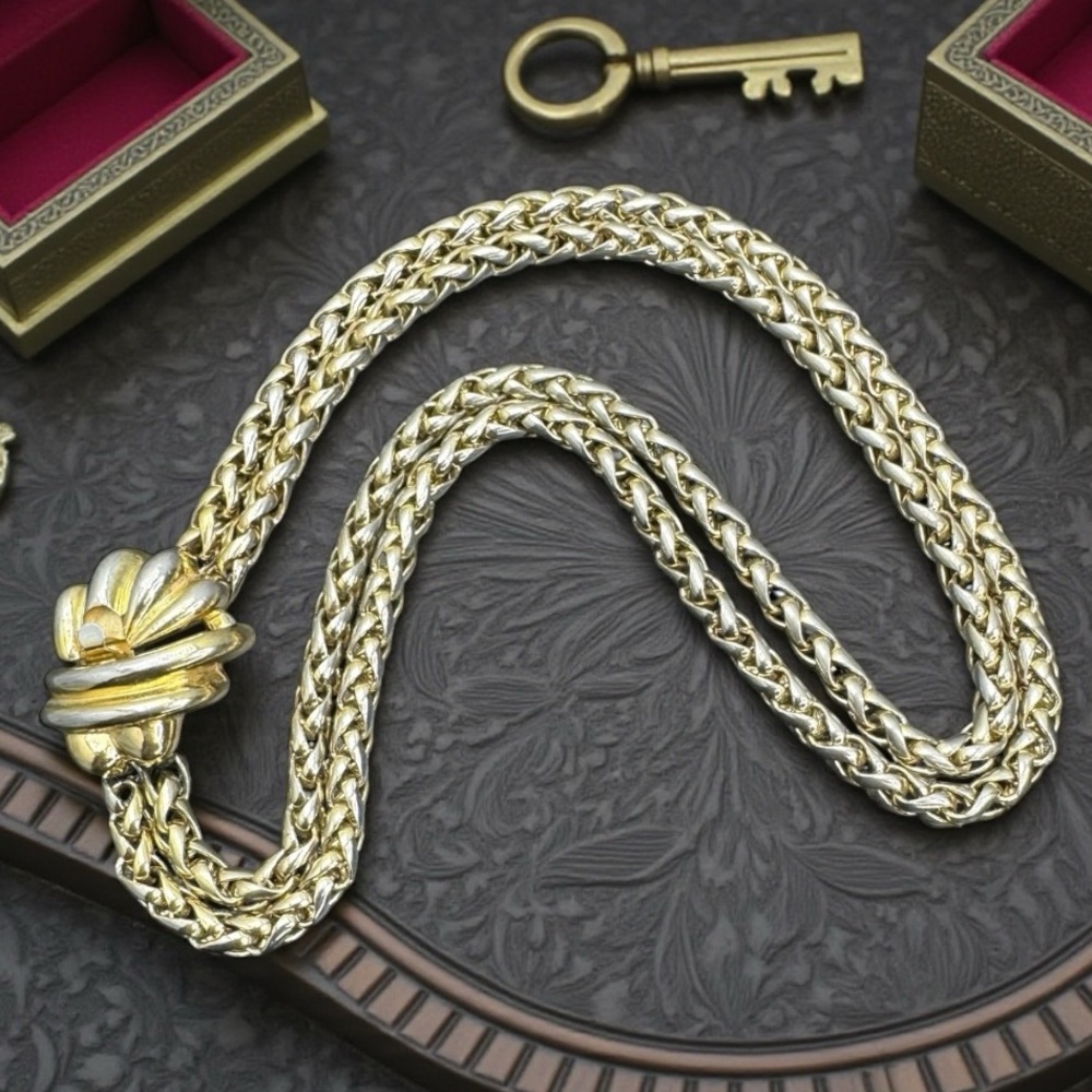GIVENCHY Signed Vintage Double Wheat Chain Statement Choker-Style Necklace
